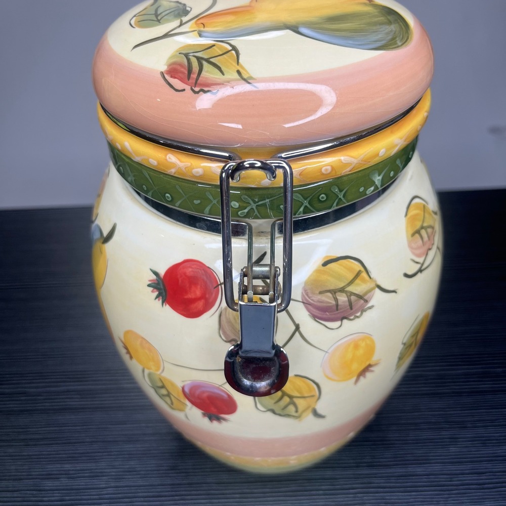 Gibson Everyday Kitchen Canister Hand Painted Fruit Ceramic Metal Clamp Lid 9in